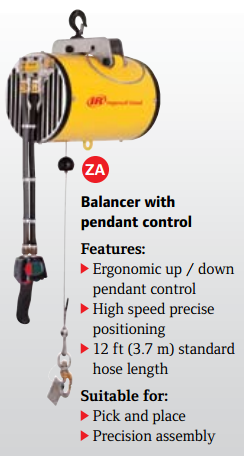 Ingersoll Rand Pneumatic Air Hoist Series ZA - Lifting and Balancing Units, 325 lbs Cap., 80" Travel Pt# ZAW032080(6)